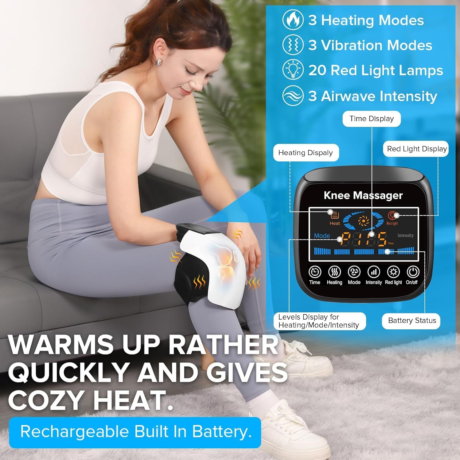 Woman using FlexHeat cordless knee massager on couch, cozy warming heat